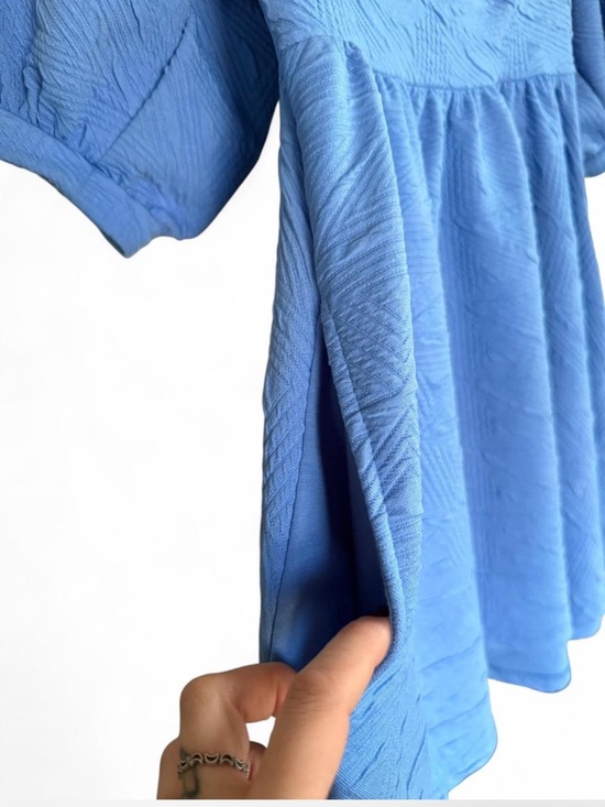 Free People Violet Blue Textured Puff Sleeve Babydoll Mini Dress - Picture 4 of 7